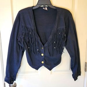 Ever Blue Black Fringe Trim Crop Jacket Womans Size M